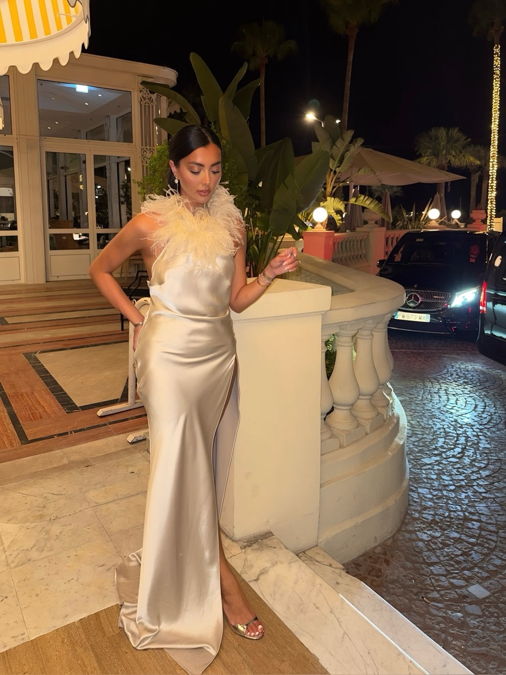 The New Arrivals Ilkayz Ozel Satin Ostrich feather halter neck dress